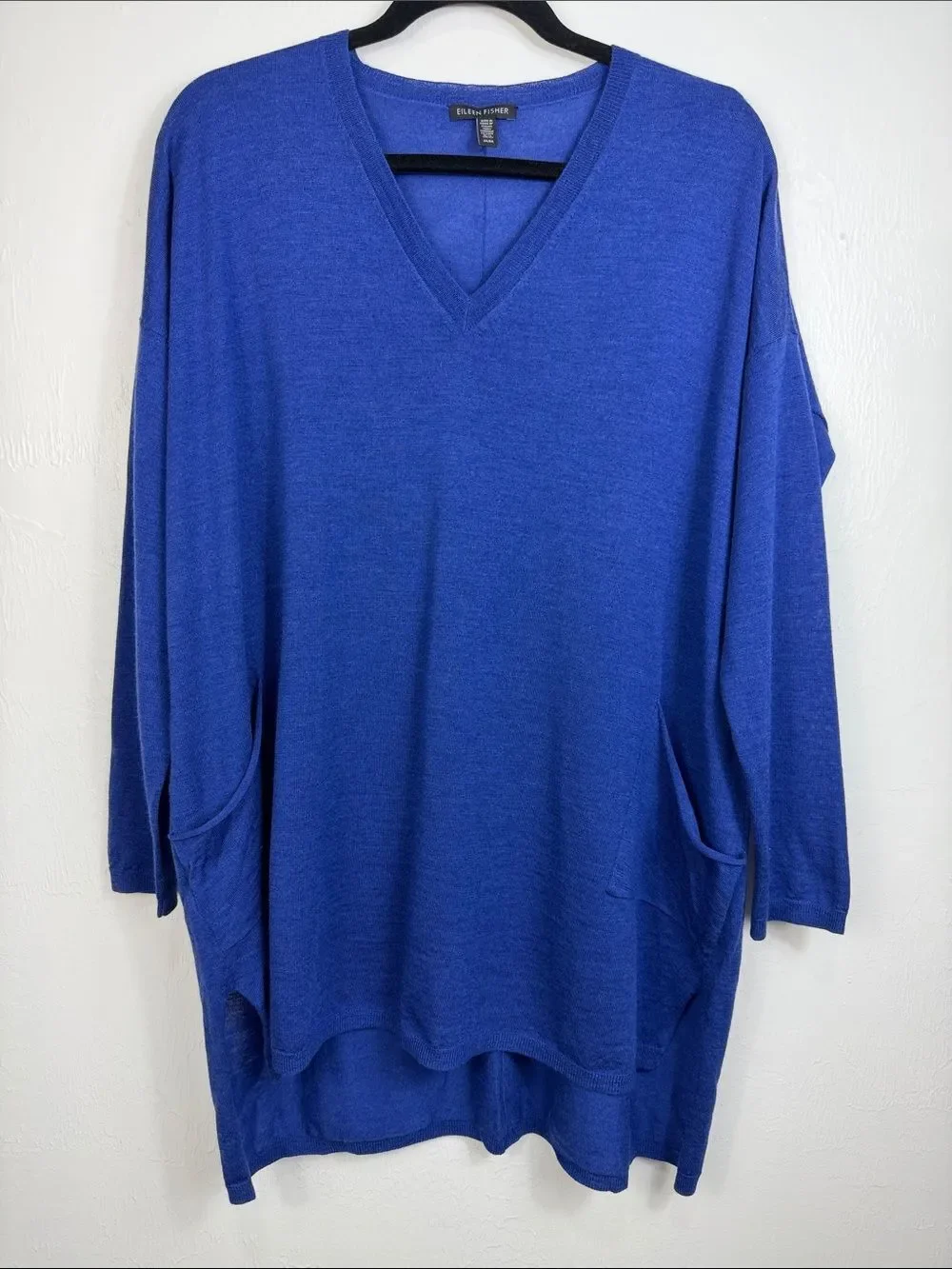 Eileen Fisher Merino Wool Tunic Sweater Medium Blue V Neck Pockets Oversized
